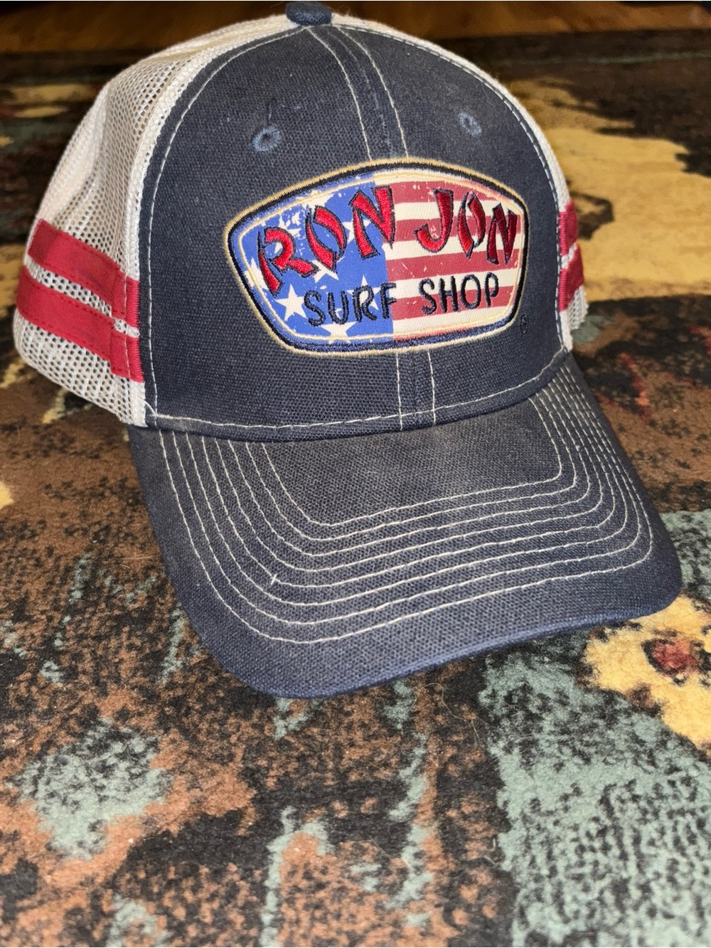Ron Jon Navy & White Trucker Hat with Red Stripe Details